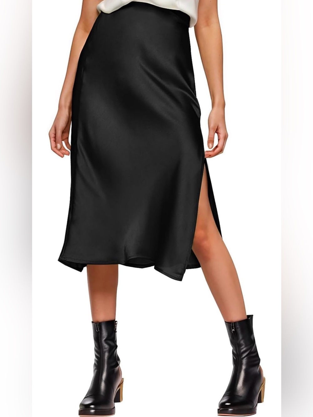 Satin Black Midi Skirt with Slit